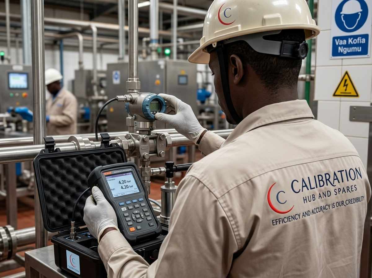 Factory technician calibrating a pressure transmitter