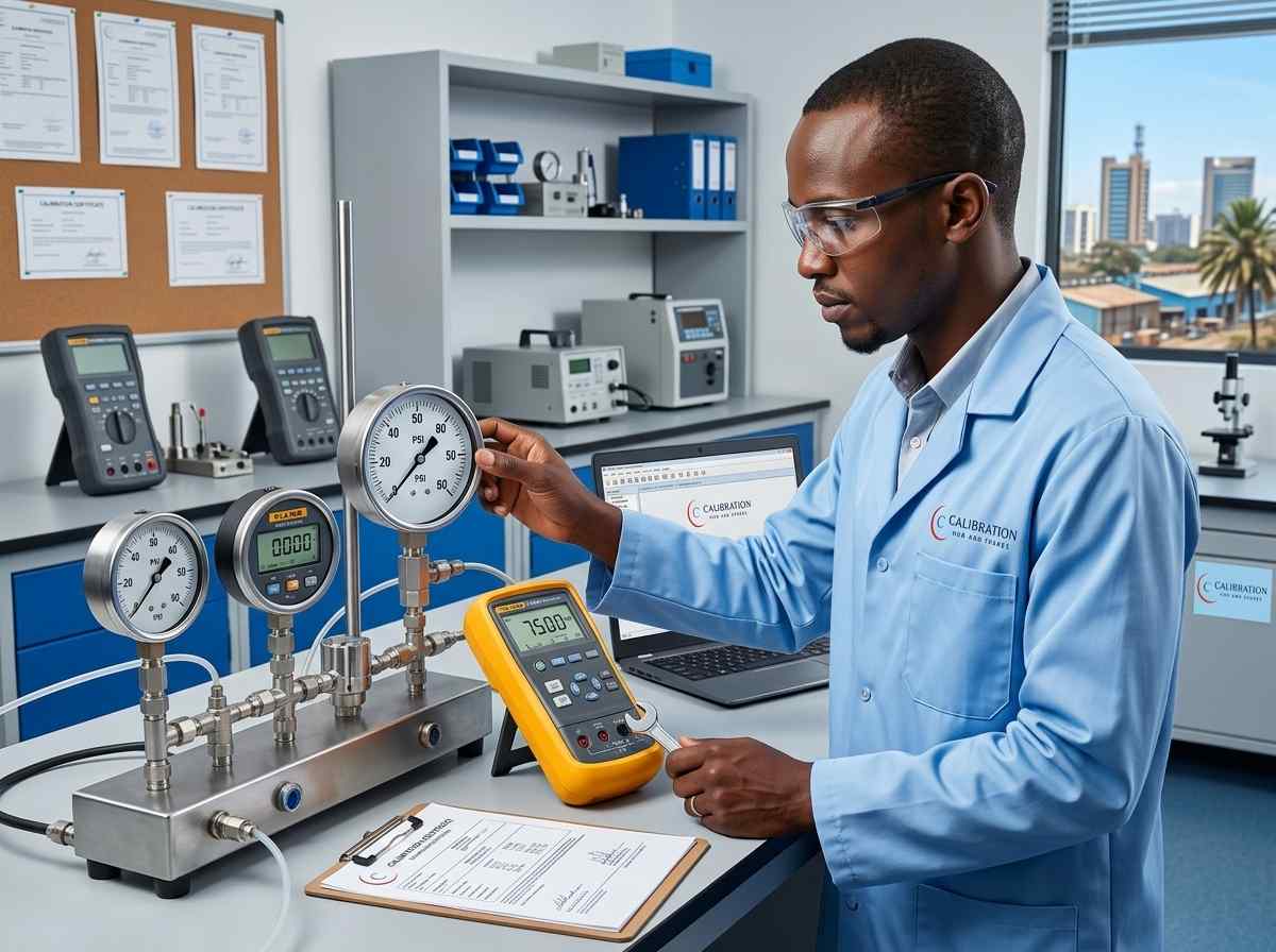 Lab-coat technician calibrating pressure gauges with a laptop