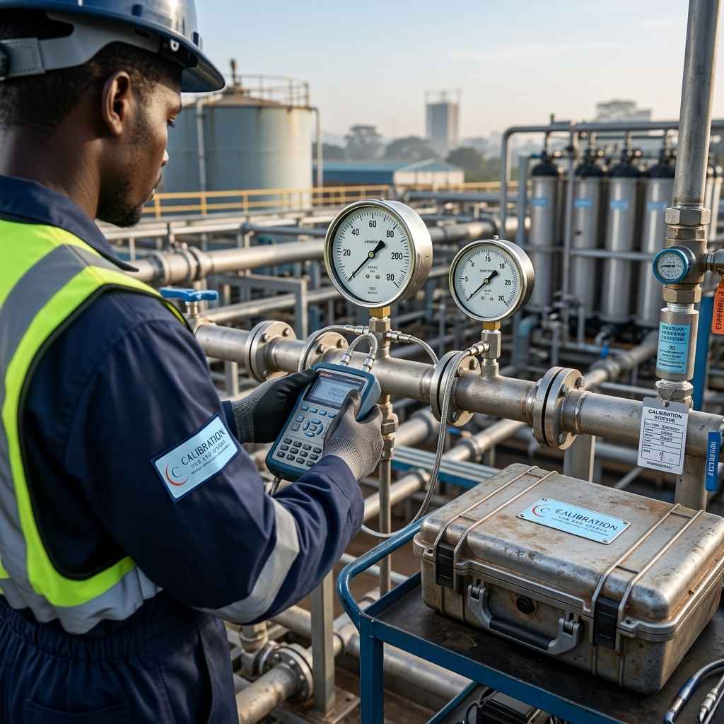 Hardhat technician inspecting a pipeline against a city skyline