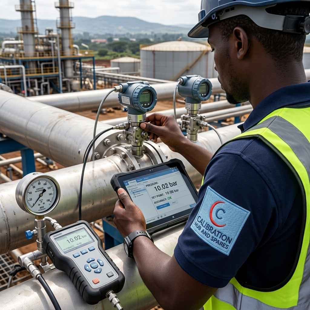 Hi-vis technician using a tablet at a refinery