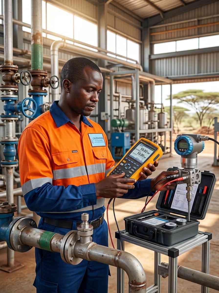 Outdoor technician inspecting a pressure transmitter in a rural setting